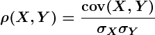 Rendered by QuickLaTeX.com \displaystyle \boldsymbol{\rho(X, Y) = \frac{\textbf{cov}(\boldsymbol{X}, \boldsymbol{Y})}{\boldsymbol{\sigma_X \sigma_Y}}}