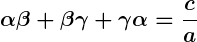 Rendered by QuickLaTeX.com \displaystyle\boldsymbol{\alpha \beta + \beta \gamma + \gamma \alpha = \frac{c}{a}}