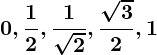 Rendered by QuickLaTeX.com \displaystyle\boldsymbol{0, \frac{1}{2}, \frac{1}{\sqrt{2}}, \frac{\sqrt{3}}{2}, 1}