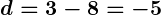 Rendered by QuickLaTeX.com \boldsymbol{d = 3 - 8 = -5}