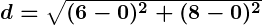 Rendered by QuickLaTeX.com \boldsymbol{d = \sqrt{(6 - 0)^2 + (8 - 0)^2}}