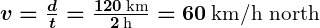 Rendered by QuickLaTeX.com \boldsymbol{v = \frac{d}{t} = \frac{120 \, \text{km}}{2 \, \text{h}} = 60 \, \text{km/h north}}