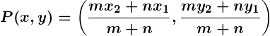 Rendered by QuickLaTeX.com \displaystyle\boldsymbol{P(x, y) = \left(\frac{mx_2 + nx_1}{m + n}, \frac{my_2 + ny_1}{m + n}\right)}