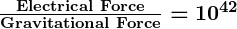 Rendered by QuickLaTeX.com \boldsymbol{\frac{\textbf{Electrical Force}}{\textbf{Gravitational Force}} = 10^{42}}