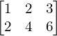 Rendered by QuickLaTeX.com \begin{bmatrix} 1 & 2 & 3 \\ 2 & 4 & 6 \end{bmatrix}