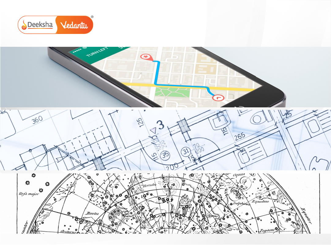 Composite of navigation apps, architectural blueprints, and a constellation map with coordinates.