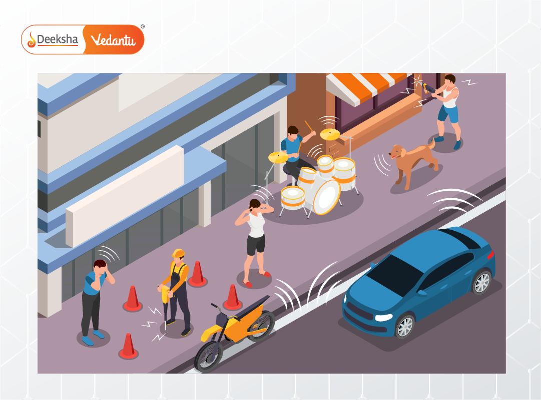 Illustration of noise pollution in a cityscape – honking cars, construction, and crowd noise represented with decibel symbols