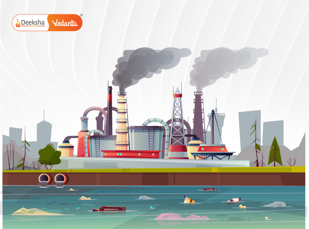 Image showing a polluted river or lake with labeled sources like sewage, pesticides, and industrial waste
