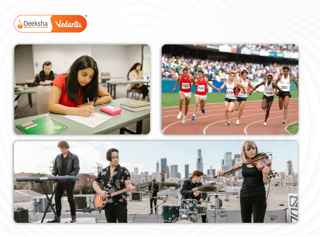Montage showing students studying, athletes reacting, and musicians playing instruments