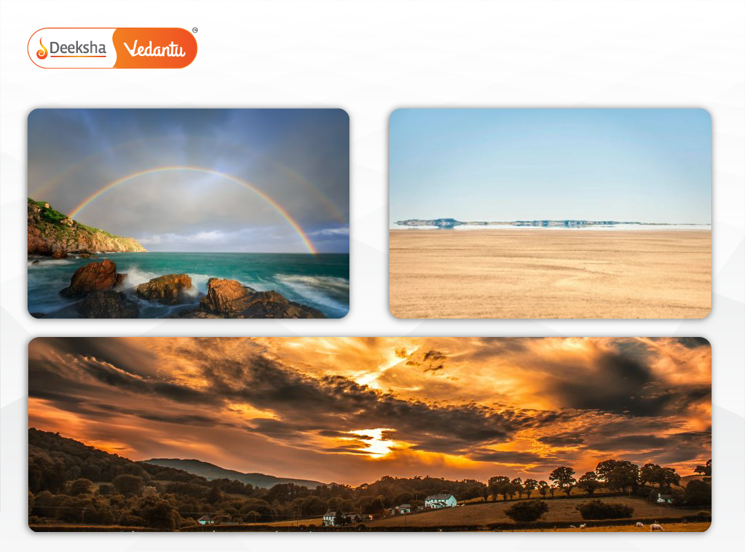 Real-world photos and illustrations of rainbows, mirages, and colorful skies.