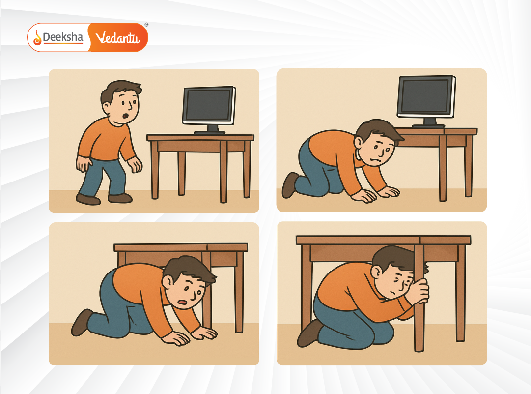 Step-by-step cartoon of a person dropping under a desk and holding on.