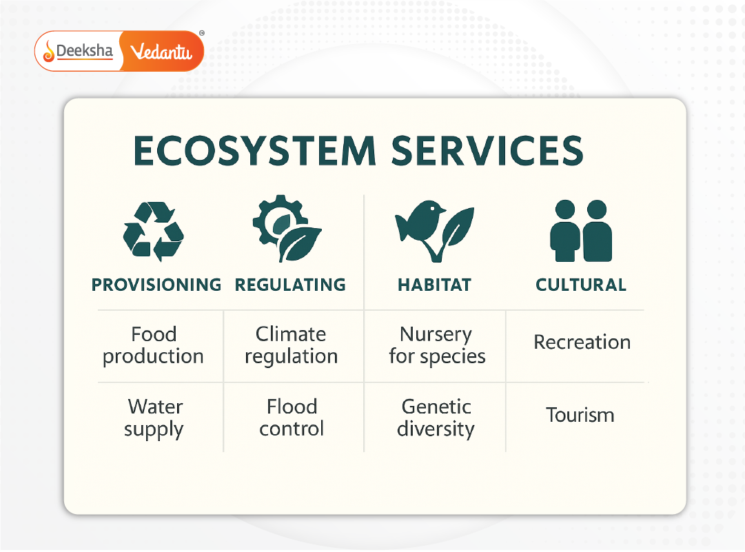 Table or infographic listing ecosystem services with icons and examples for each type.