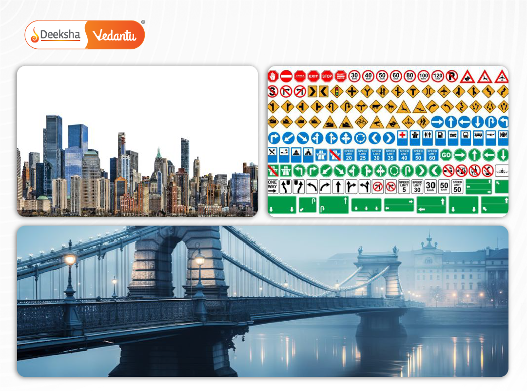 Visual representation of real-life geometry applications like buildings, road signs, and bridges.