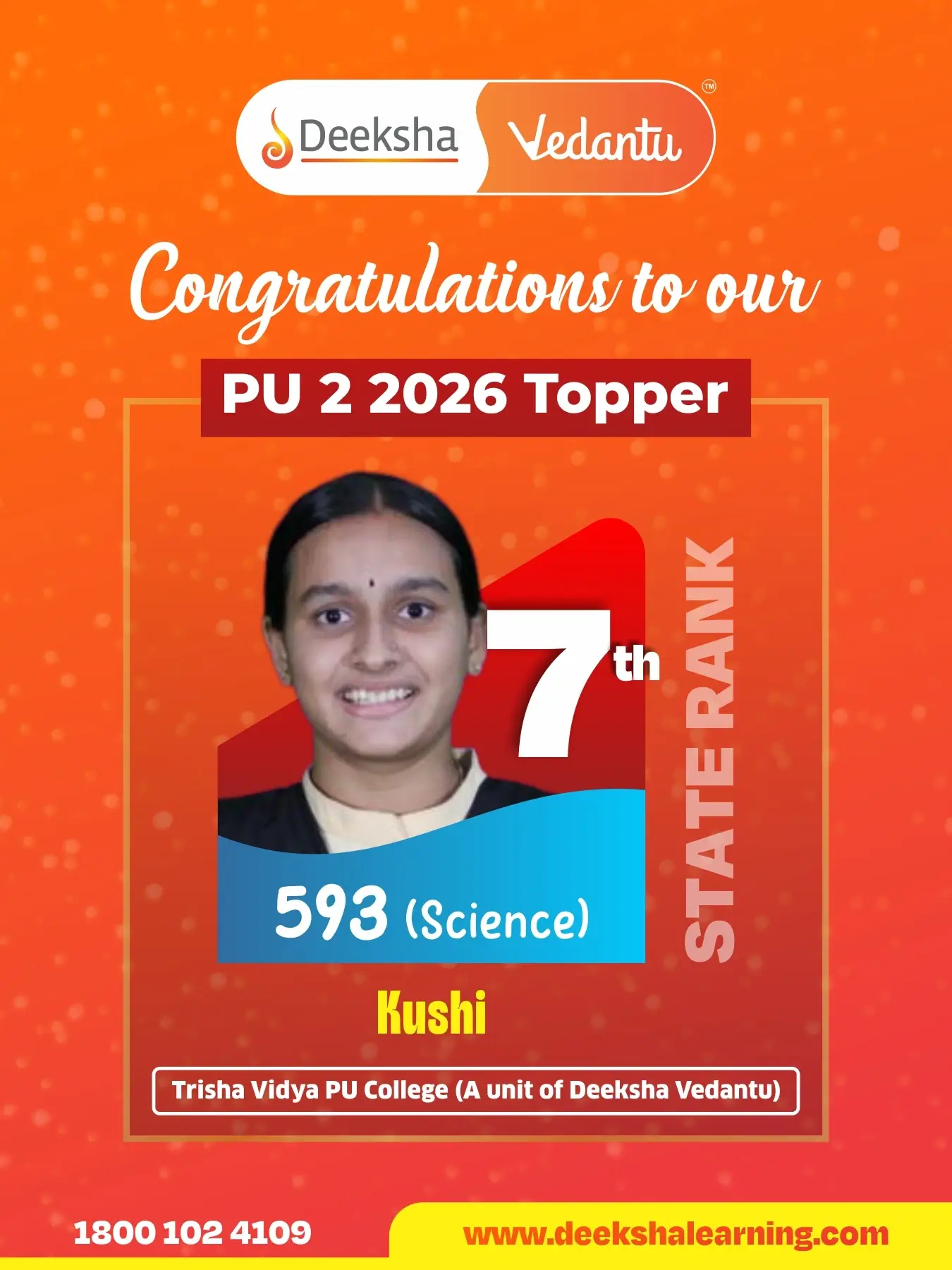 Deeksha Vedantu PU 2 Results - 2026 Science Rank-7 Kushi