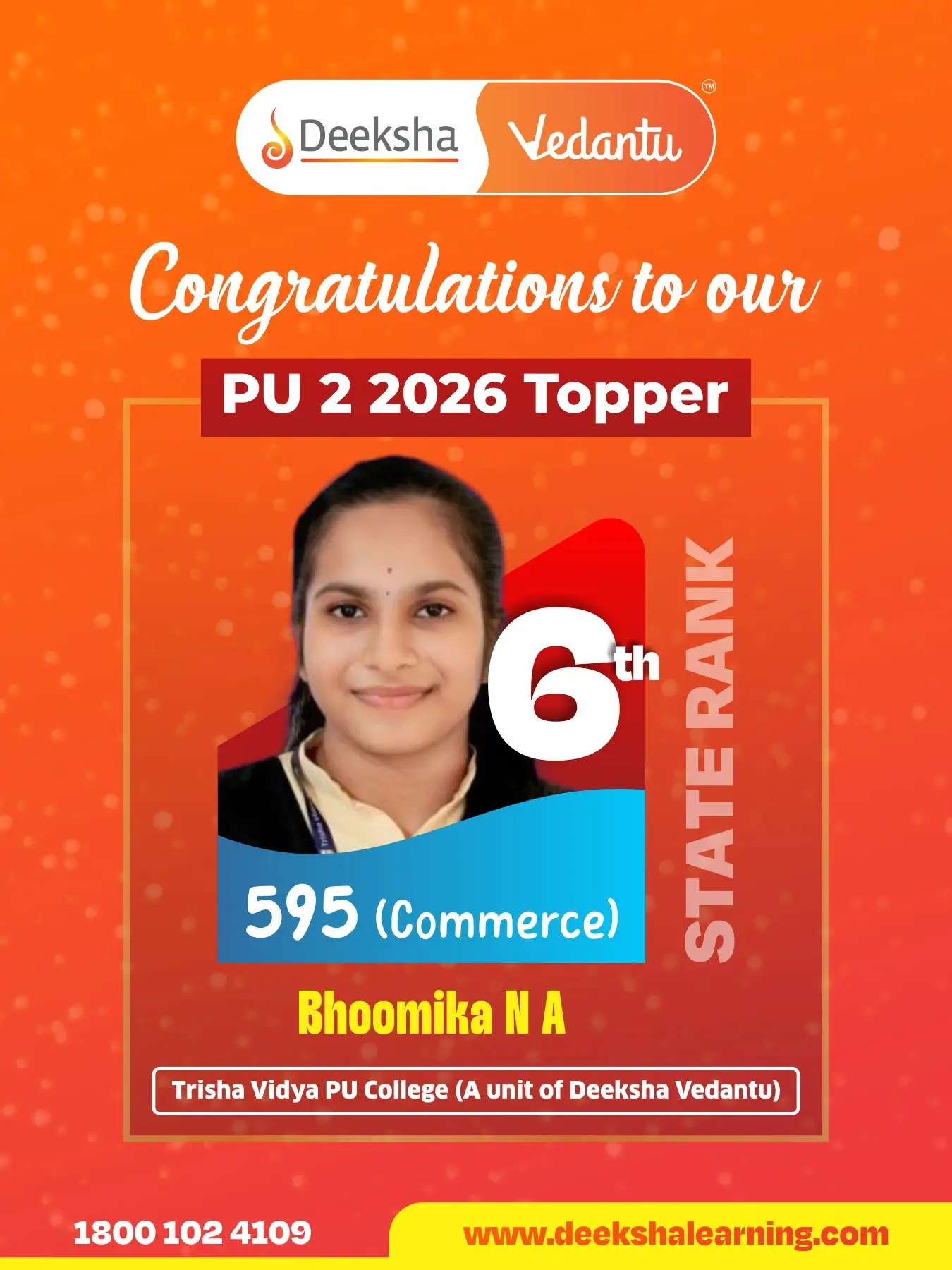 Deeksha Vedantu PU 2 Results - 2026 Commerce Rank-6 Bhoomika N A