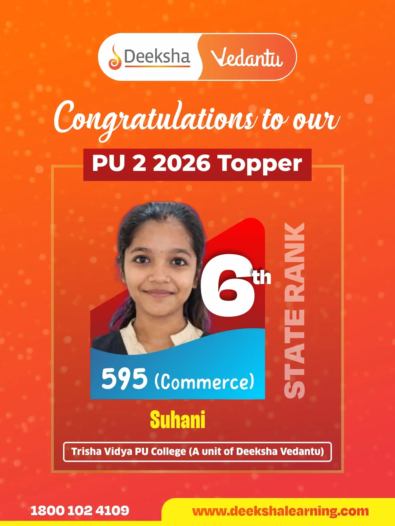 Deeksha Vedantu PU 2 Results - 2026 Commerce Rank-6 Suhani