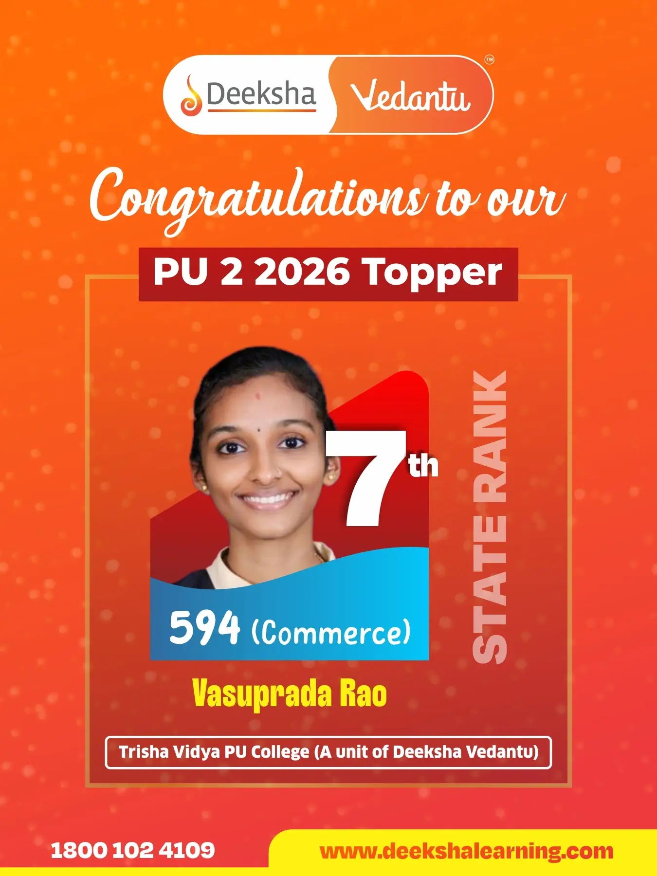Deeksha Vedantu PU 2 Results - 2026 Commerce Rank-7 Vasuprada Rao