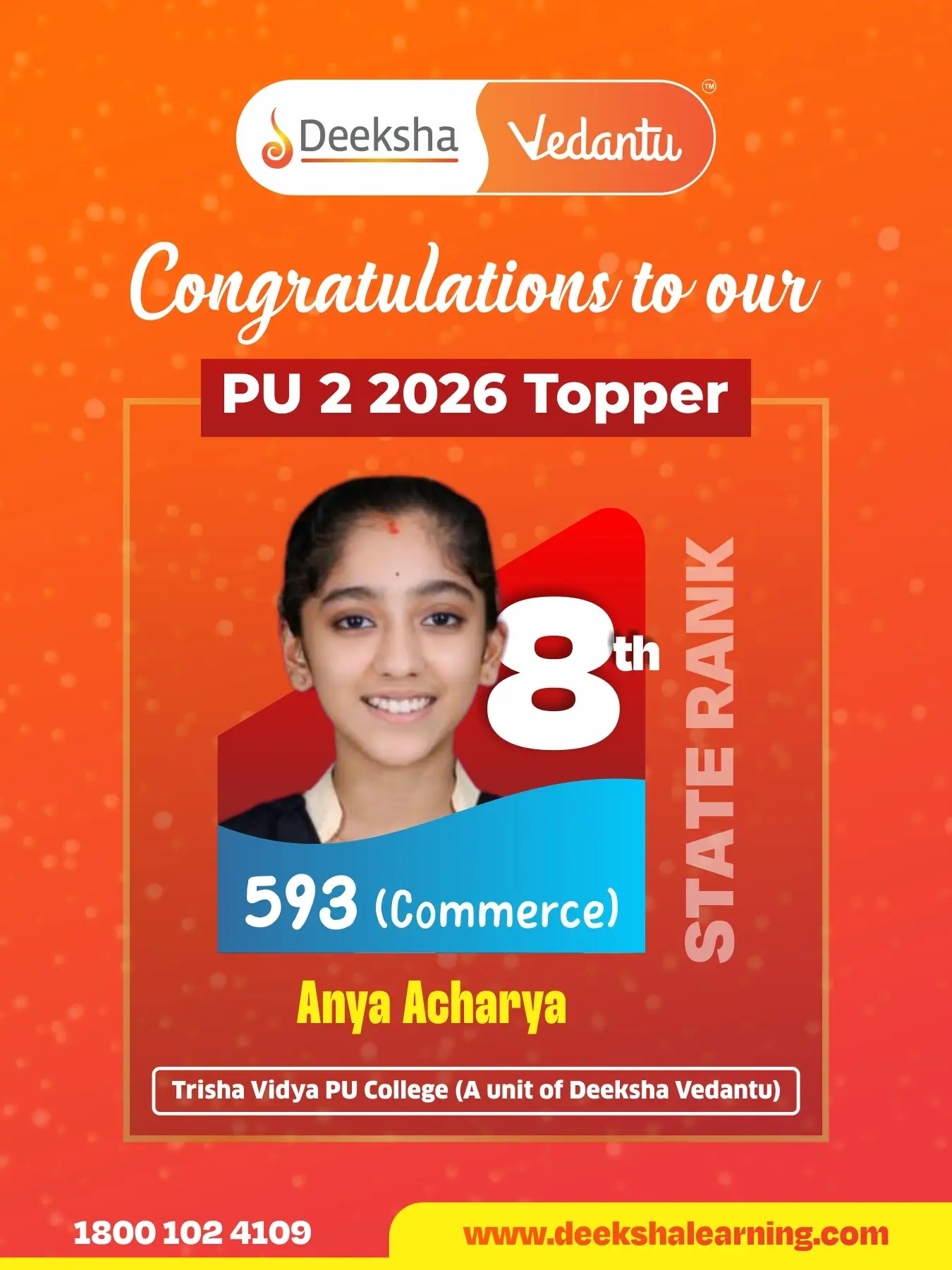 Deeksha Vedantu PU 2 Results - 2026 Commerce Rank-8 Anya Acharya