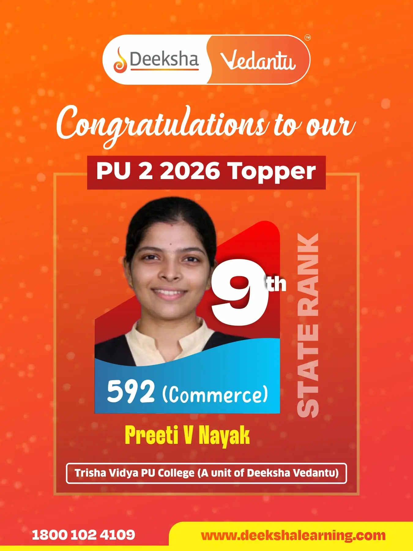 Deeksha Vedantu PU 2 Results - 2026 Commerce Rank-9 Preeti V Nayak