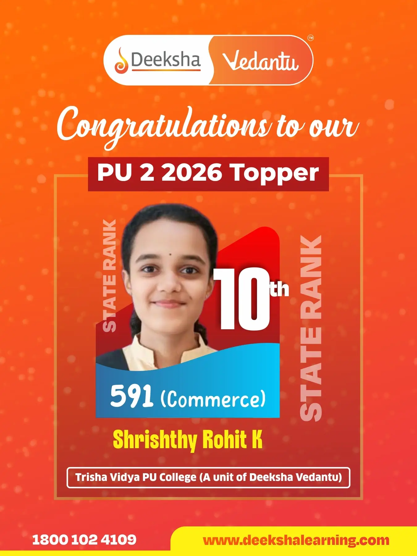 Deeksha Vedantu PU 2 Results - 2026 Commerce Rank-10 Shrishthy Rohit K