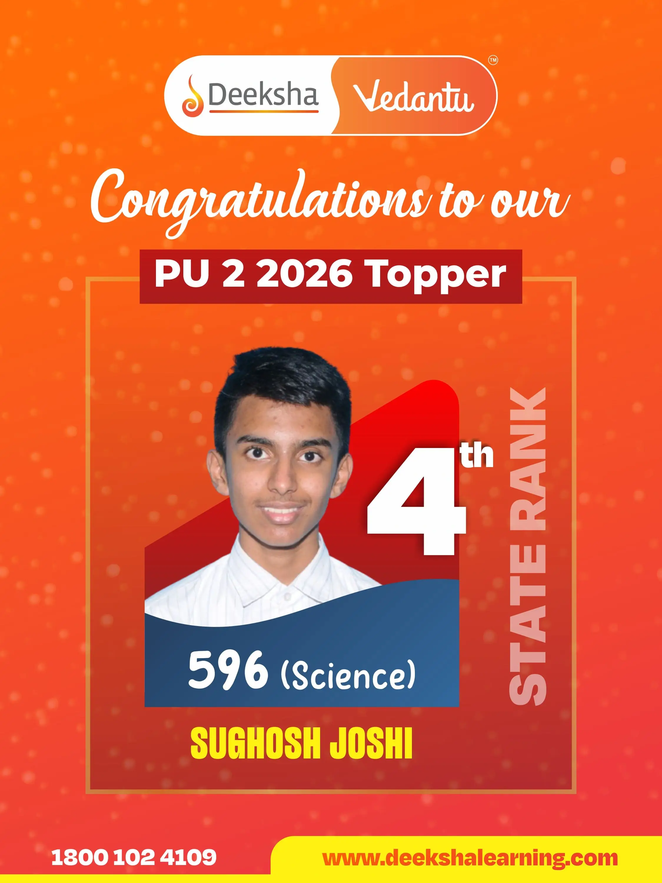 Deeksha Vedantu PU 2 Results - 2026 Science Rank-4 SUGHOSH JOSHI