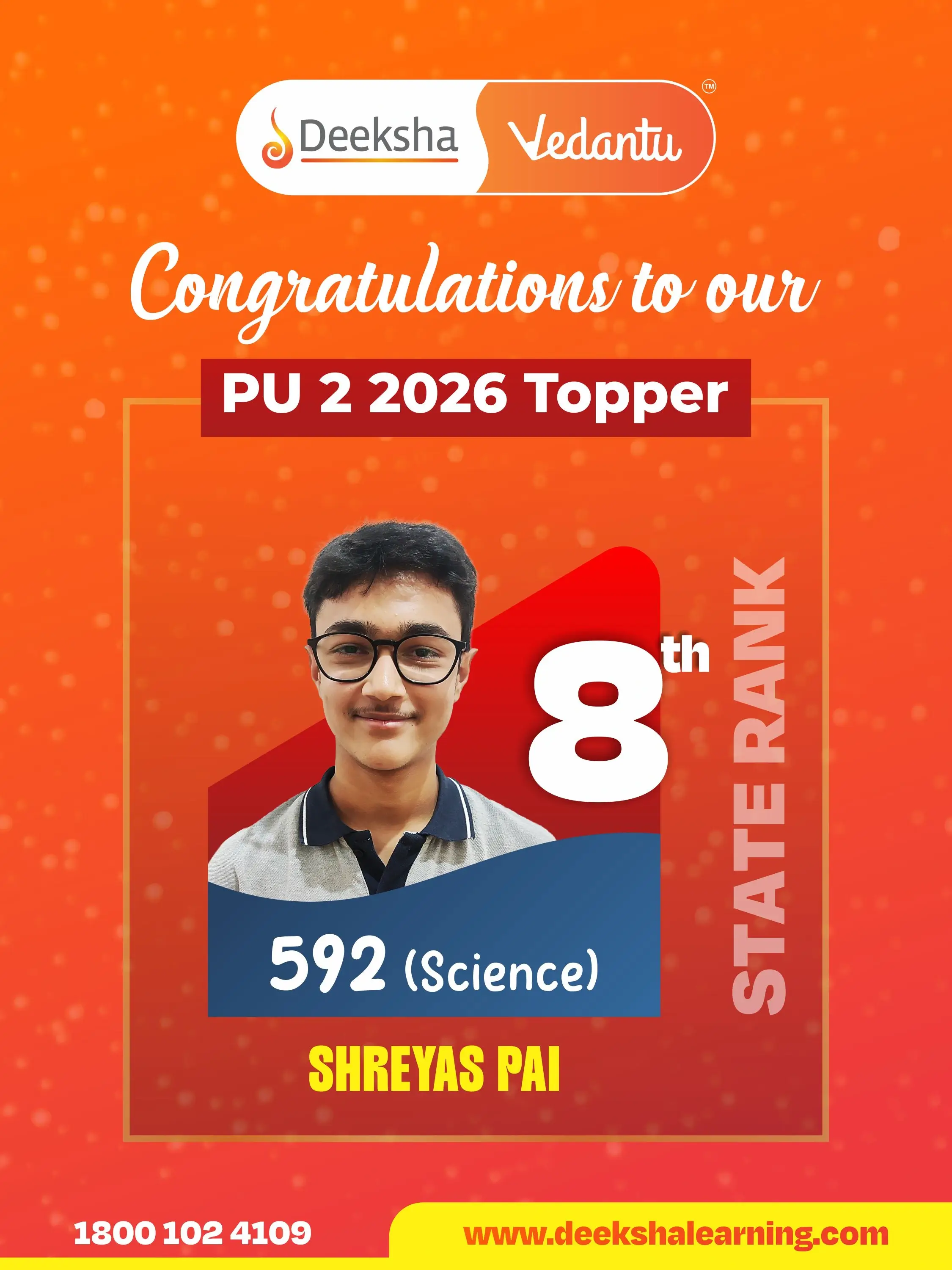 Deeksha Vedantu PU 2 Results - 2026 Science Rank-8 SHREYAS PAI
