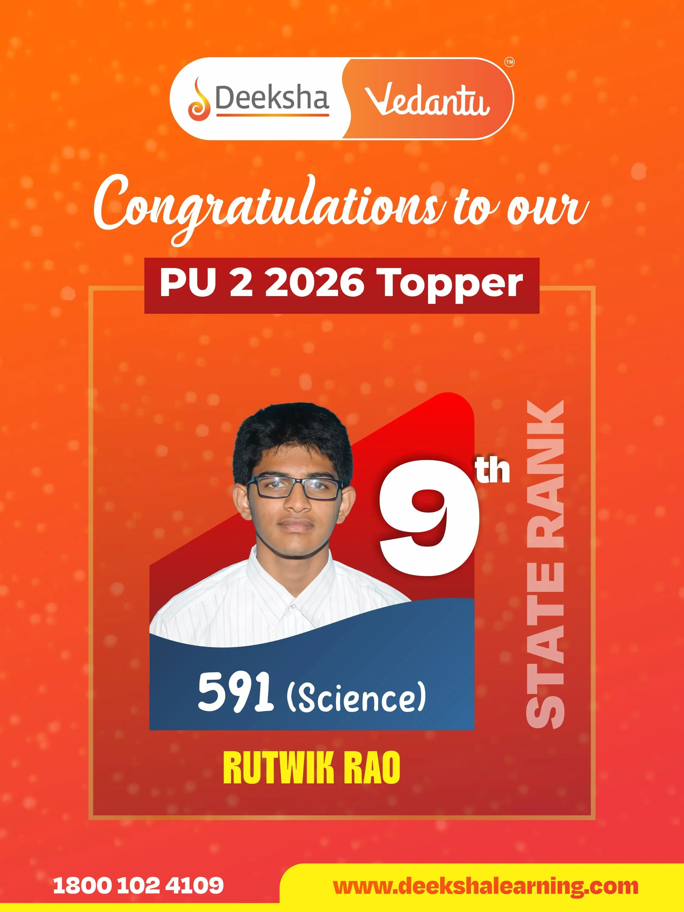 Deeksha Vedantu PU 2 Results - 2026 Science Rank-9 RUTWIK RAO