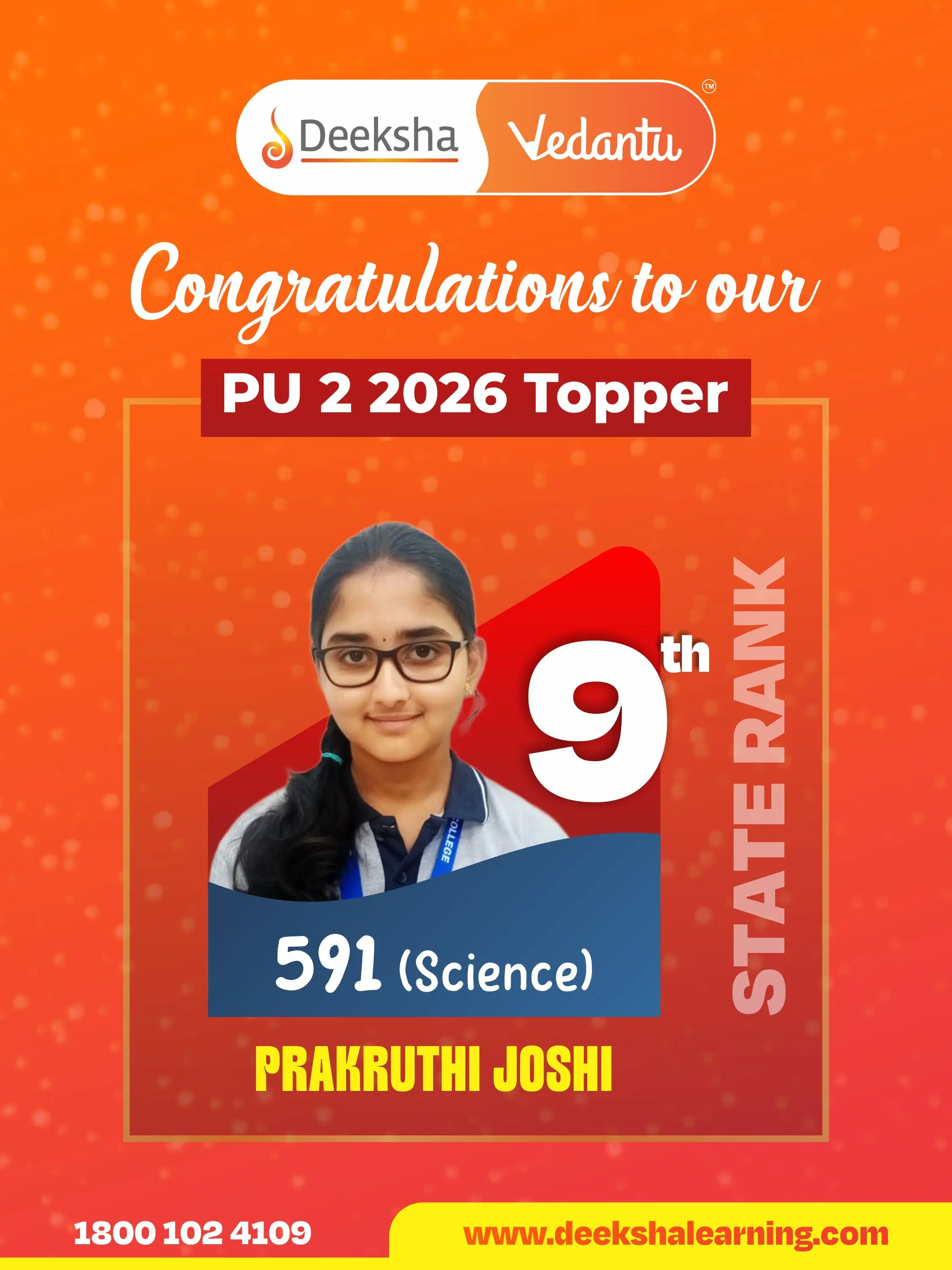 Deeksha Vedantu PU 2 Results - 2026 Science Rank-9 PRAKRUTHI JOSHI