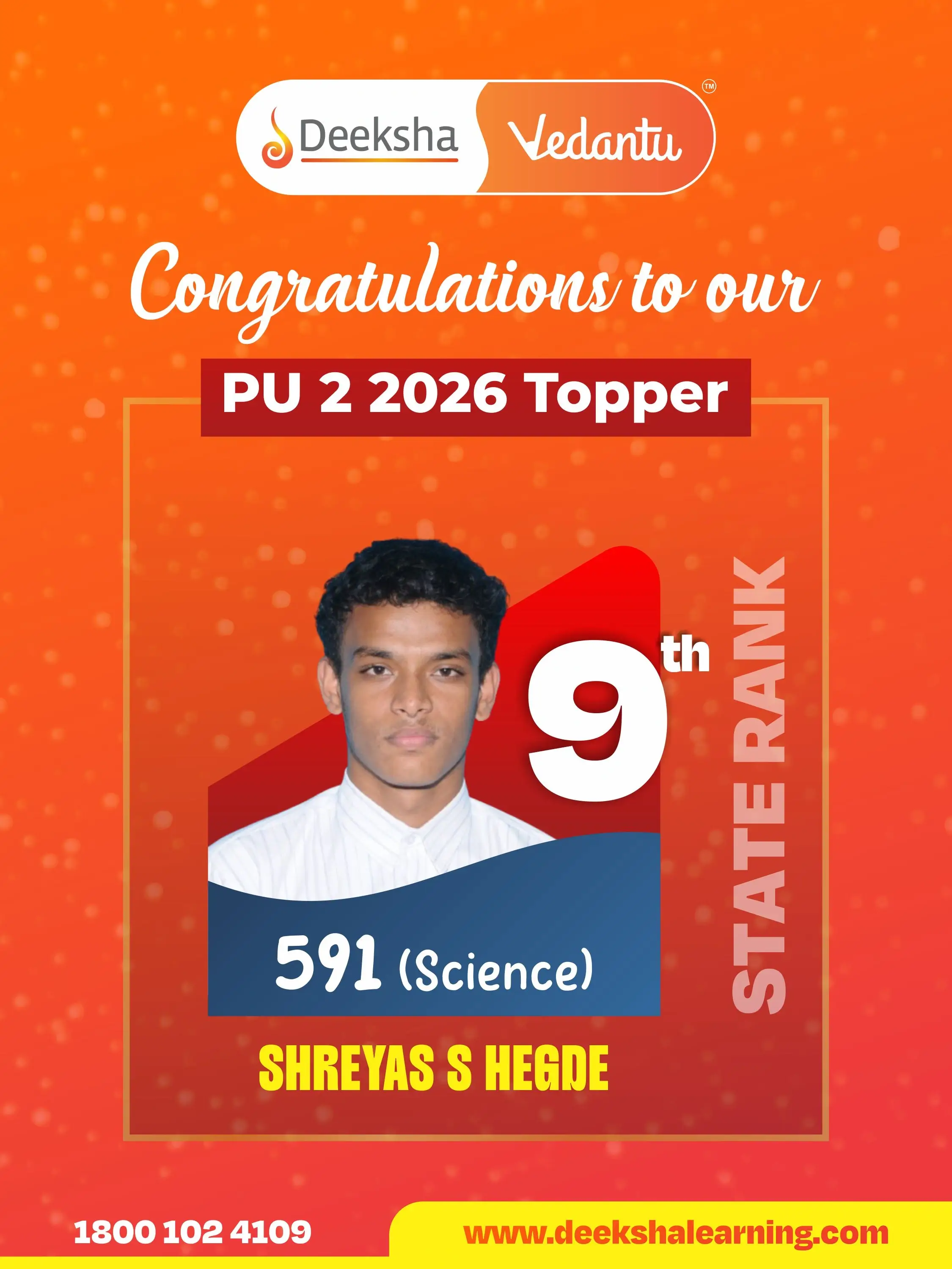 Deeksha Vedantu PU 2 Results - 2026 Science Rank-9 SHREYAS S HEGDE