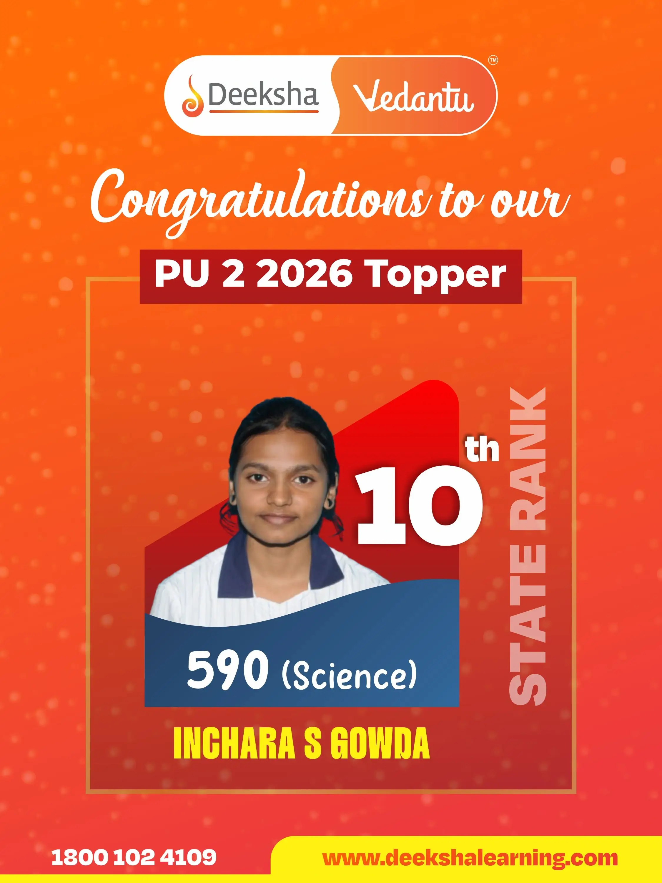 Deeksha Vedantu PU 2 Results - 2026 Science Rank-10 INCHARA S GOWDA