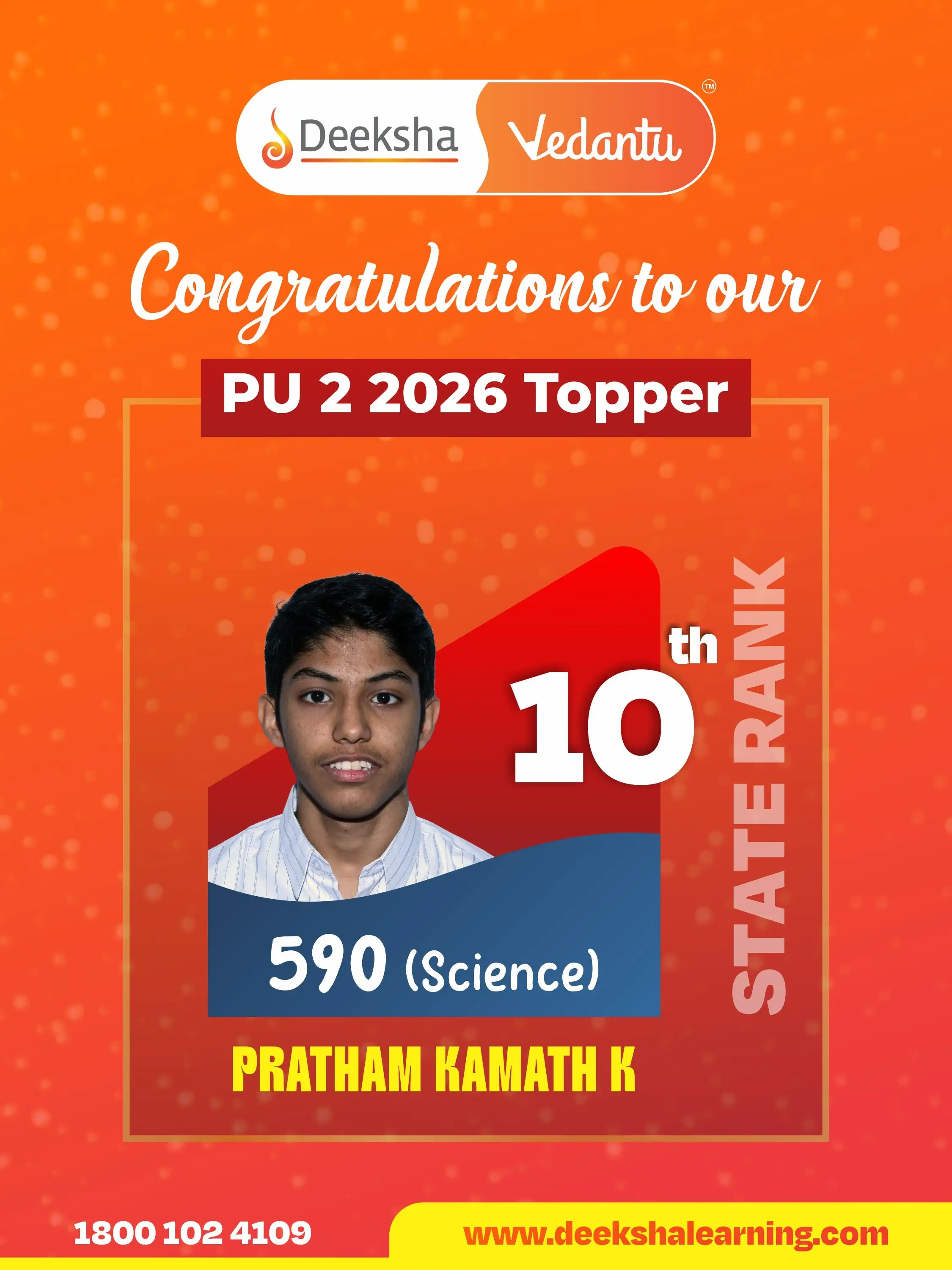 Deeksha Vedantu PU 2 Results - 2026 Science Rank-10 PRATHAM KAMATH K
