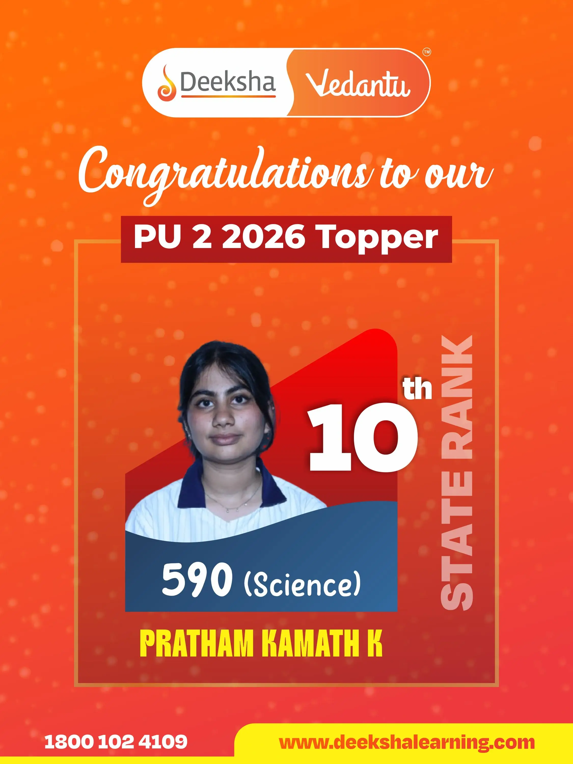 Deeksha Vedantu PU 2 Results - 2026 Science Rank-10 PRATHAM KAMATH K