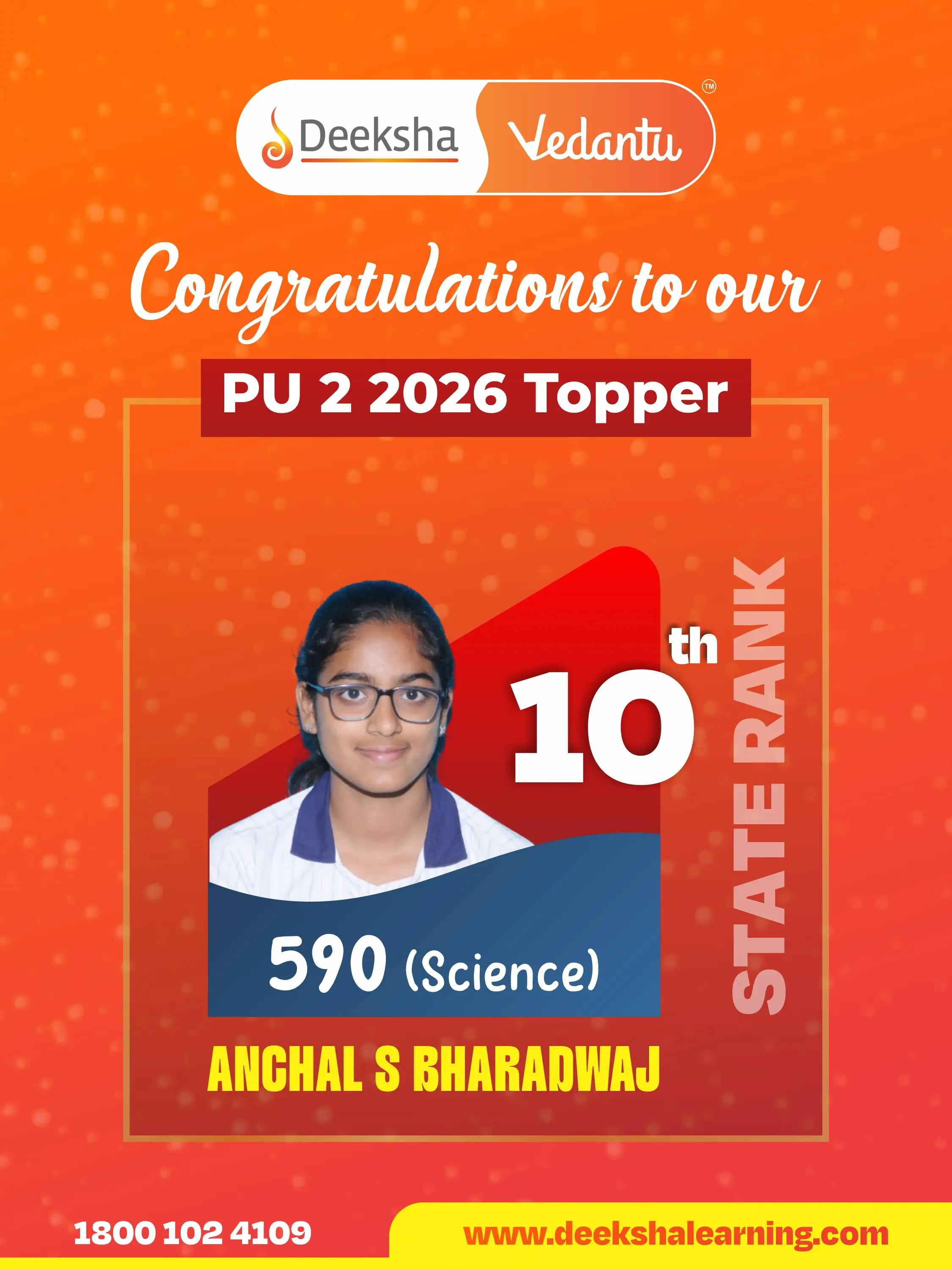 Deeksha Vedantu PU 2 Results - 2026 Science Rank-10 ANCHAL S BHARADWAJ
