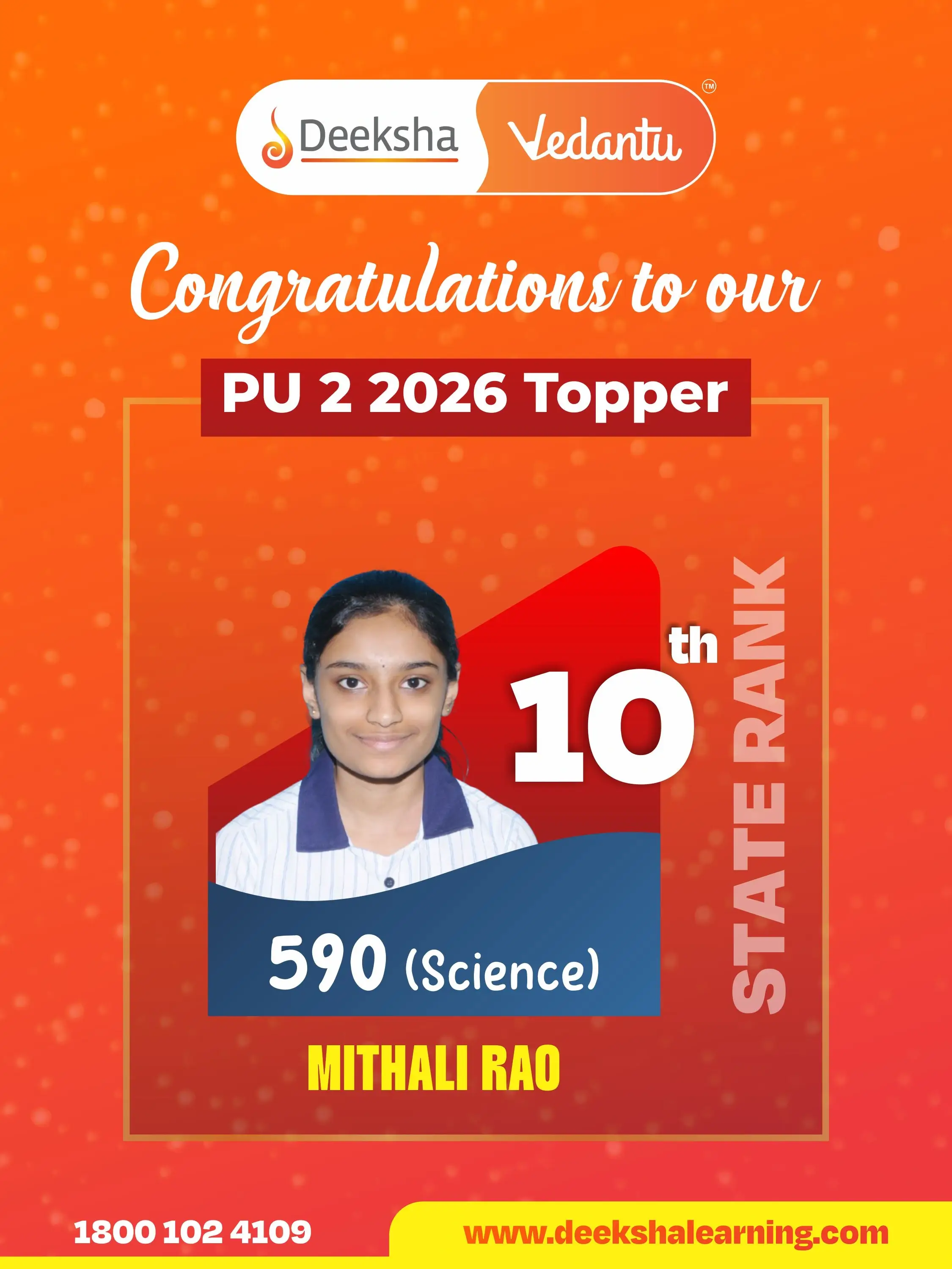 Deeksha Vedantu PU 2 Results - 2026 Science Rank-10 MITHALI RAO
