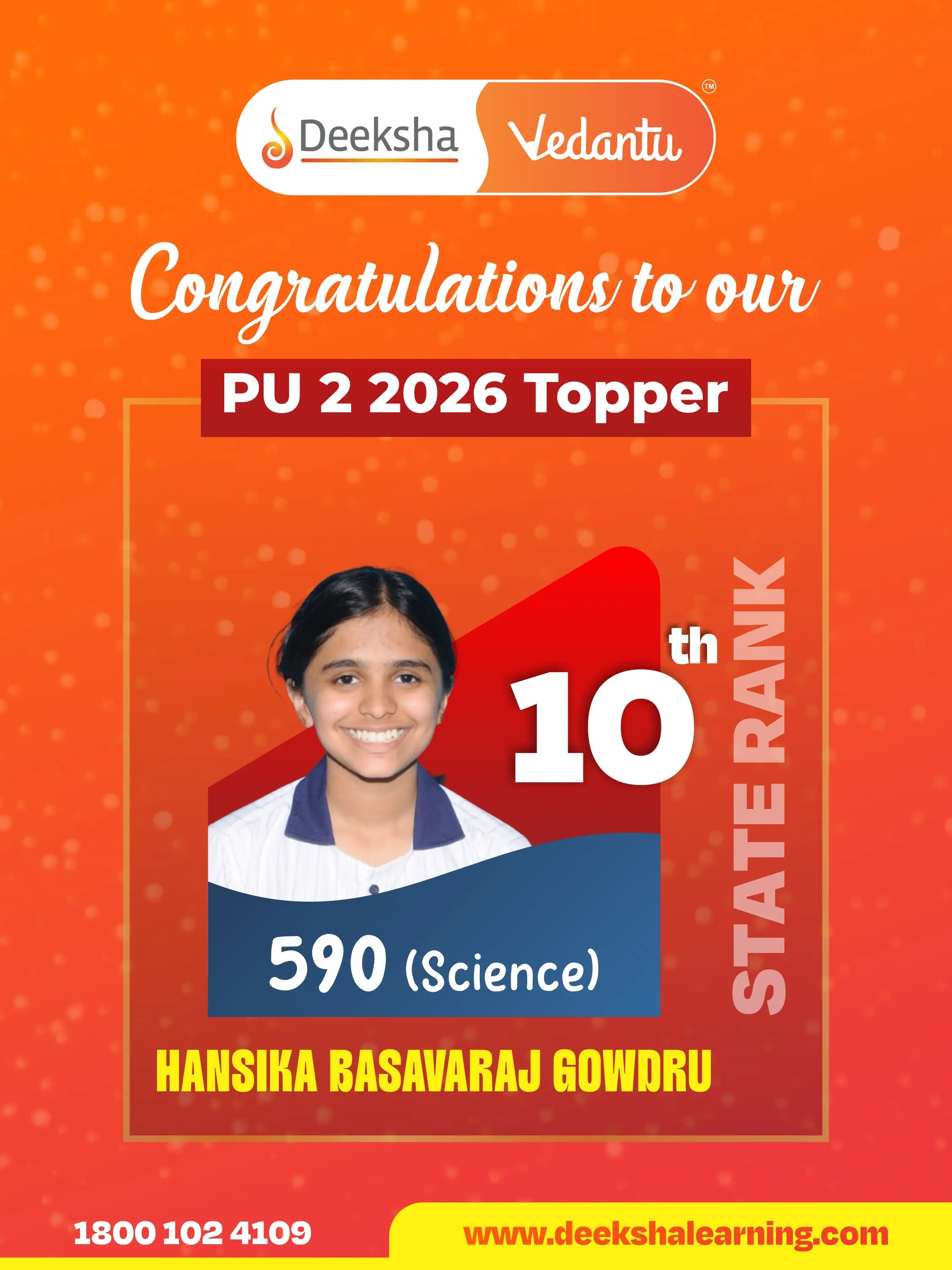 Deeksha Vedantu PU 2 Results - 2026 Science Rank-10 HANSIKA BASAVARAJ GOWDRU