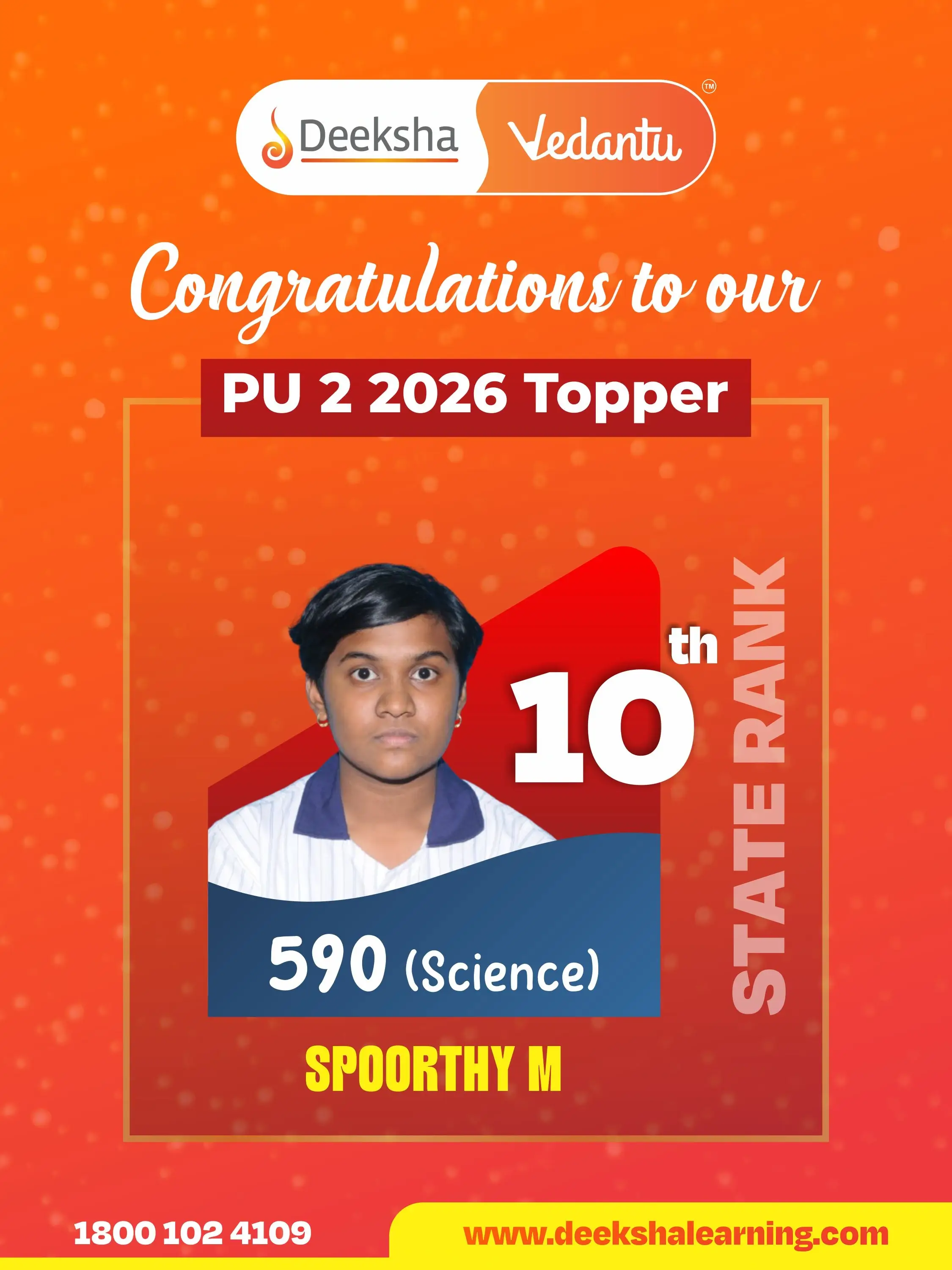 Deeksha Vedantu PU 2 Results - 2026 Science Rank-10 SPOORTHY M