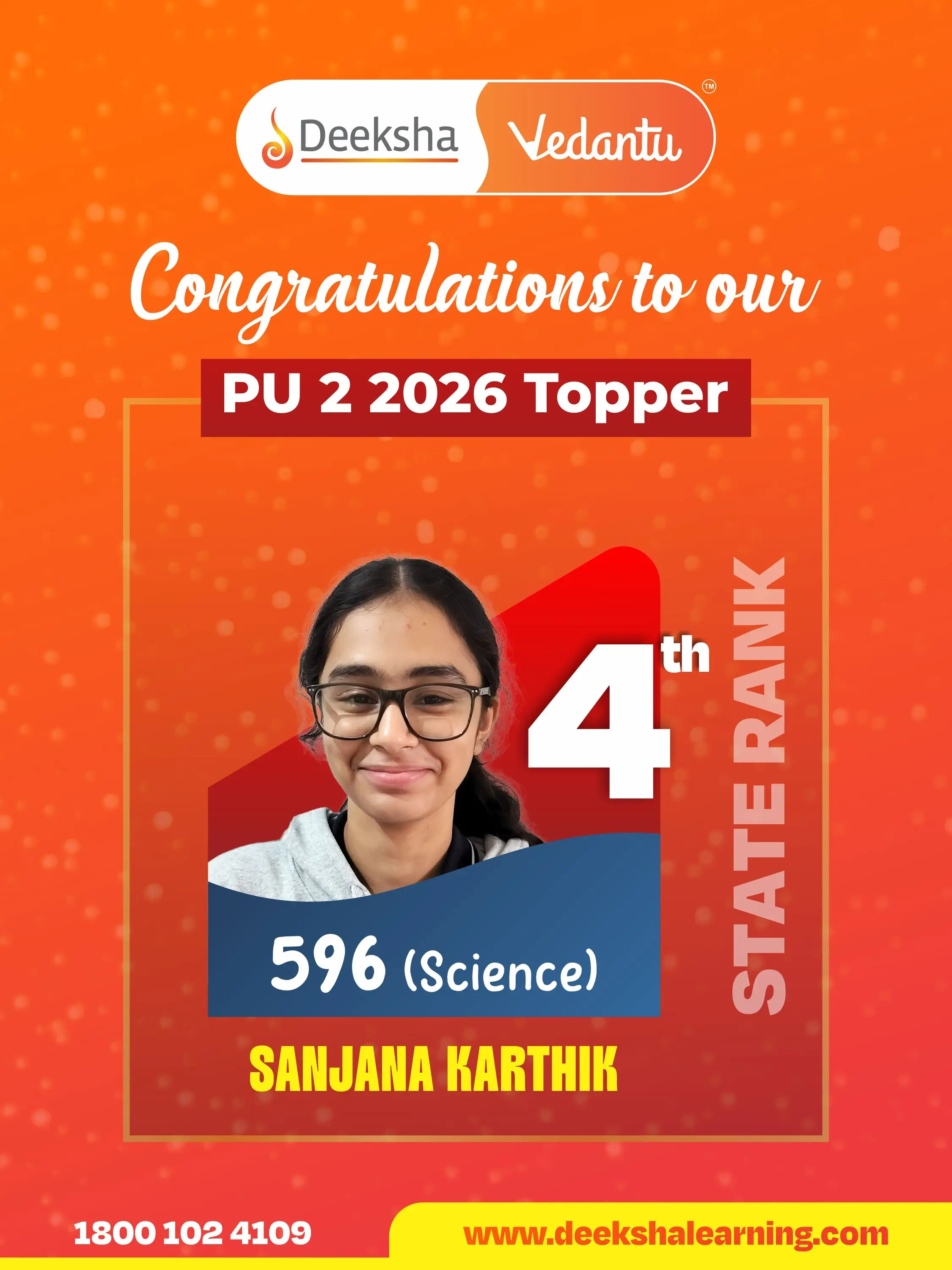 Deeksha Vedantu PU 2 Results - 2026 Science Rank-5 SANJANA KARTHIK