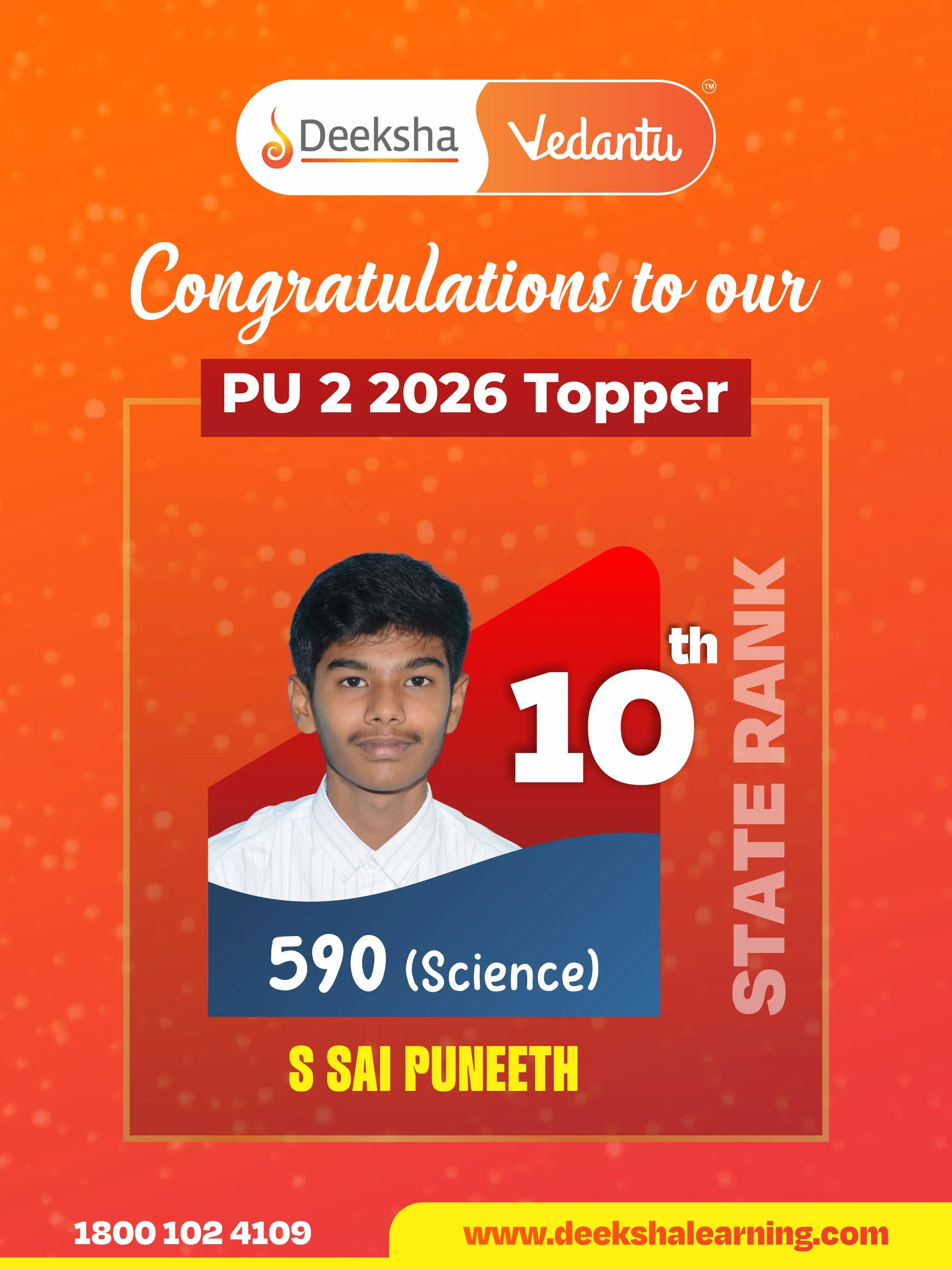 Deeksha Vedantu PU 2 Results - 2026 Science Rank-10 S SAI PUNEETH