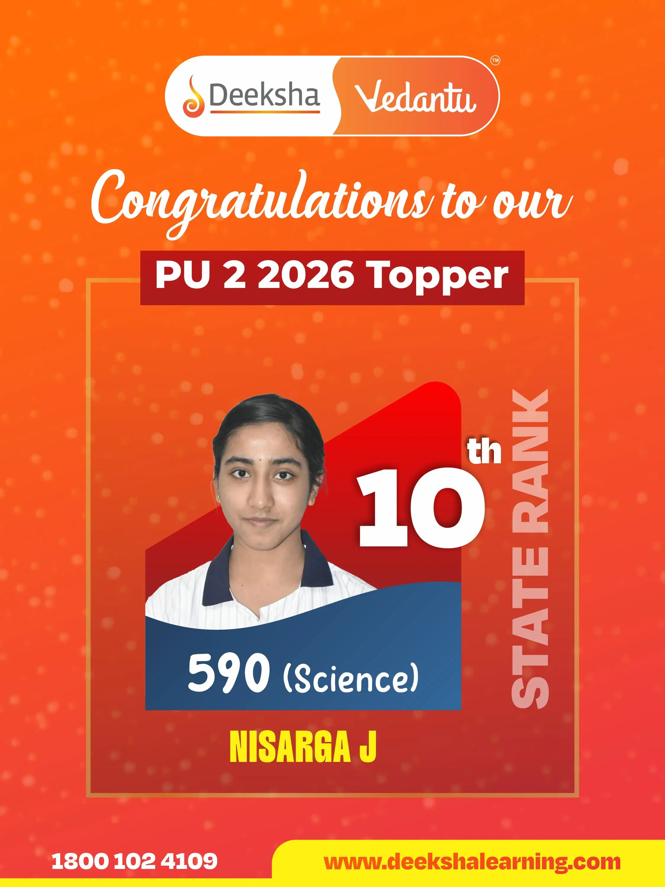 Deeksha Vedantu PU 2 Results - 2026 Rank-10 NISARGA J