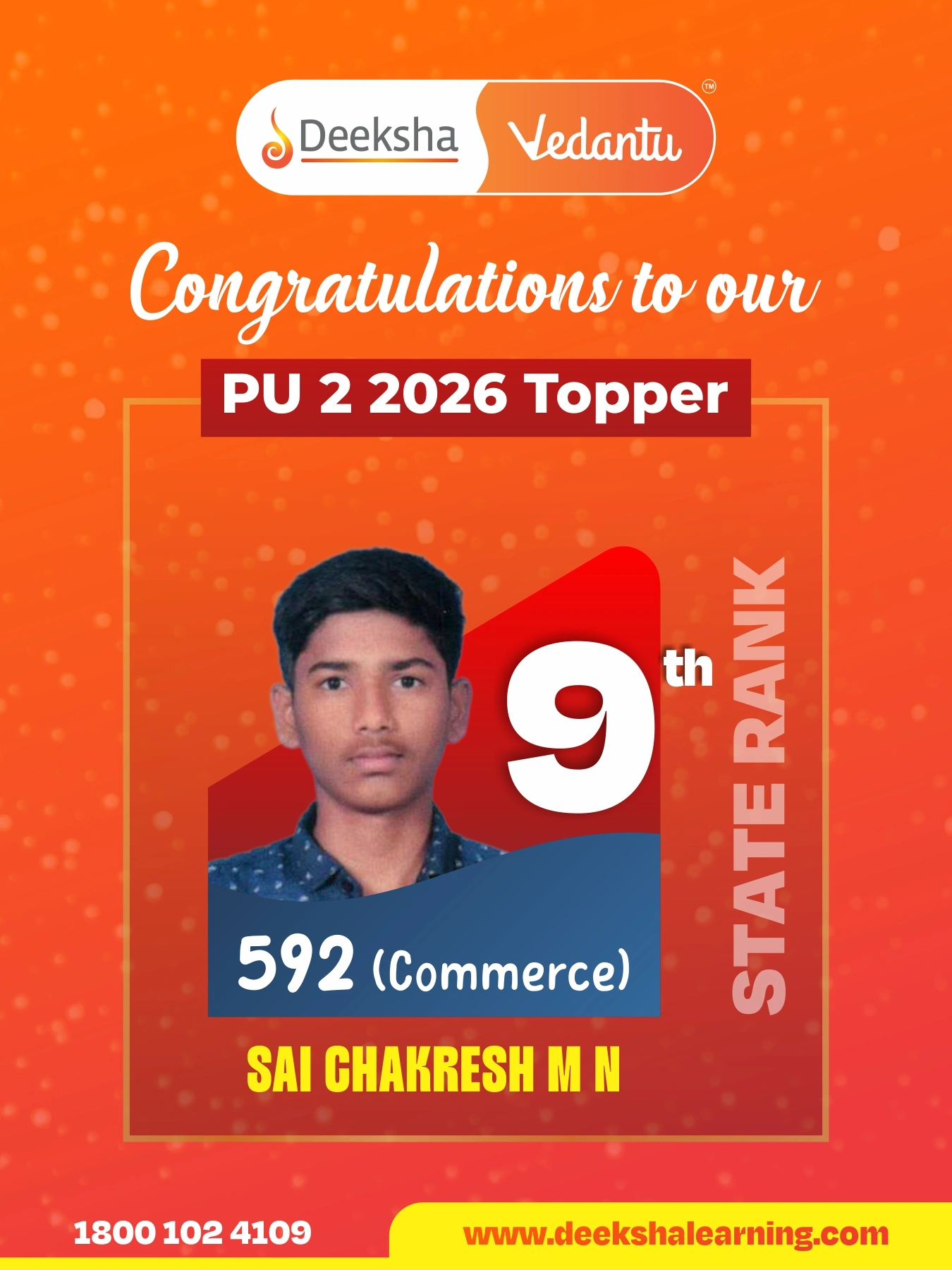 Deeksha Vedantu PU 2 Results - 2026 Science Rank-9 SAI CHAKRESH M N