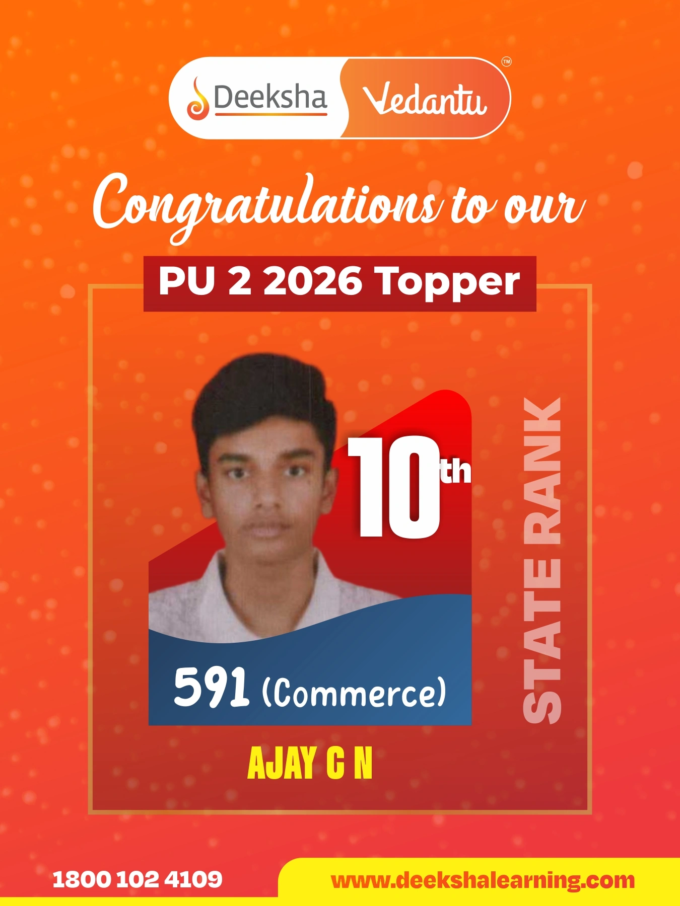 Deeksha Vedantu PU 2 Results - 2026 Science Rank-10 AJAY C N
