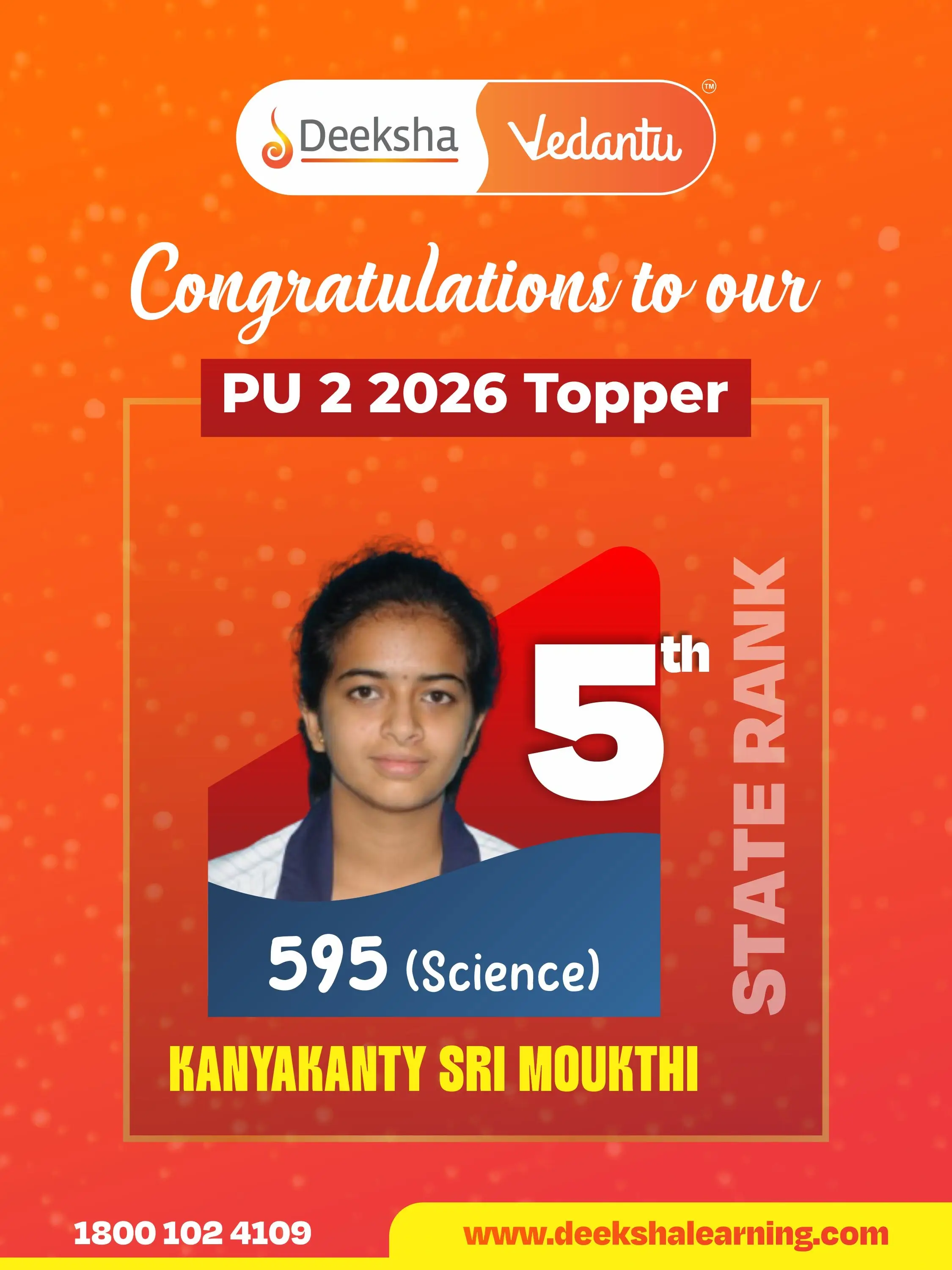 Deeksha Vedantu PU 2 Results - 2026 Science Rank-5 KANYAKANTY SRI MOUKTHI