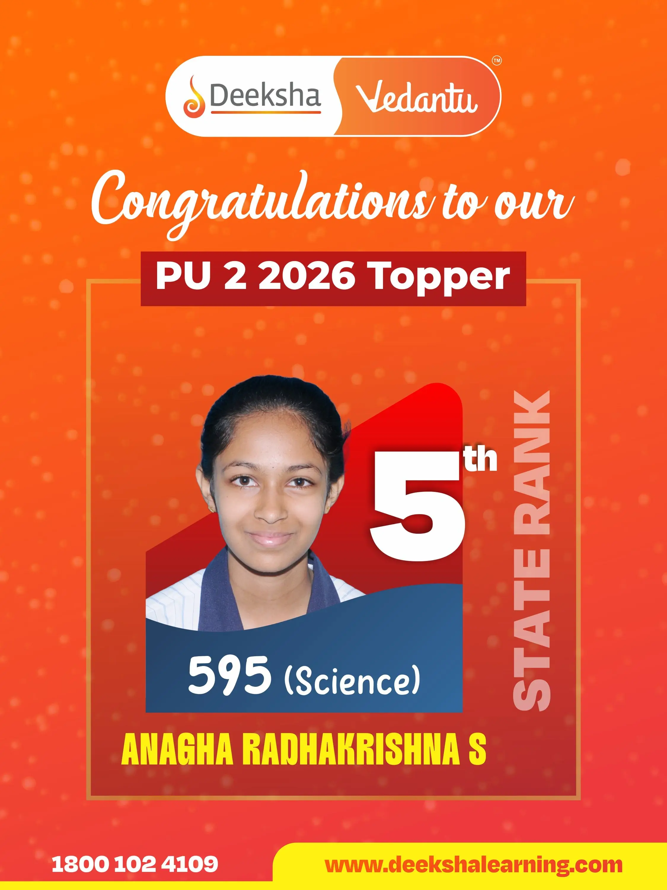 Deeksha Vedantu PU 2 Results - 2026 Science Rank-5 ANAGHA RADHAKRISHNA SHANBHOG