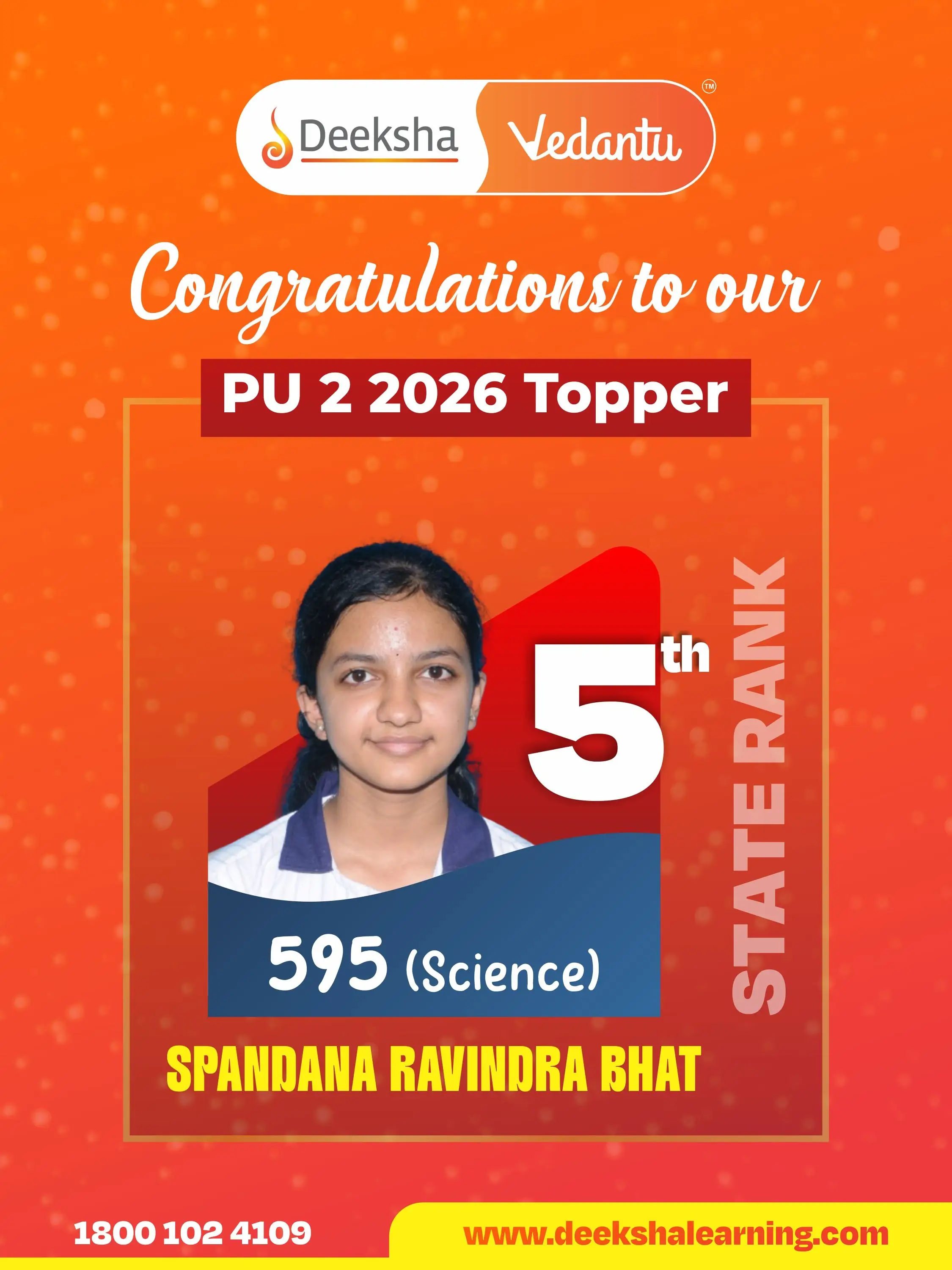 Deeksha Vedantu PU 2 Results - 2026 Science Rank-5 SRAJAN B S