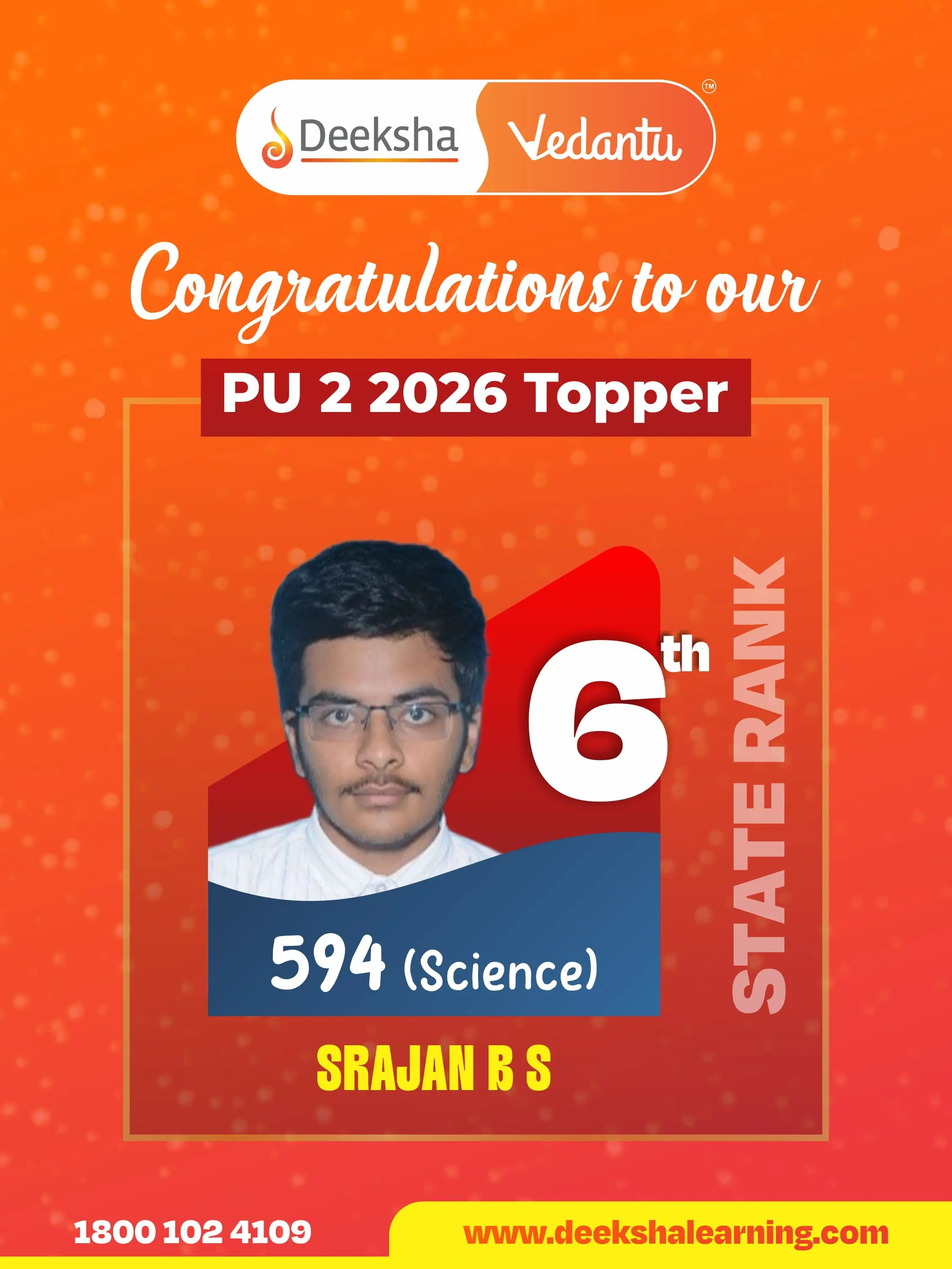 Deeksha Vedantu PU 2 Results - 2026 Science Rank-6 SRAJAN B S