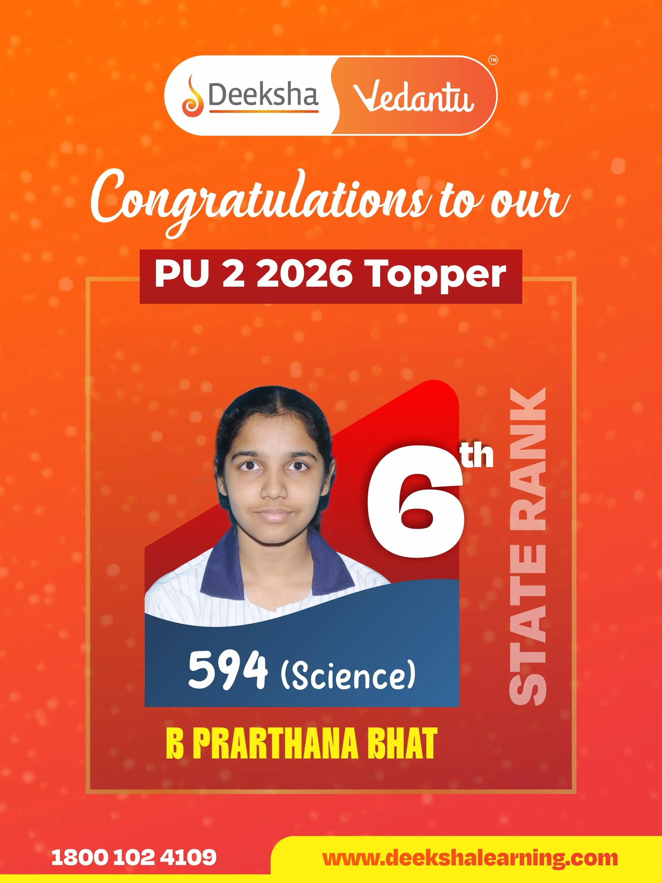 Deeksha Vedantu PU 2 Results - 2026 Science Rank-6 B PRARTHANA BHAT