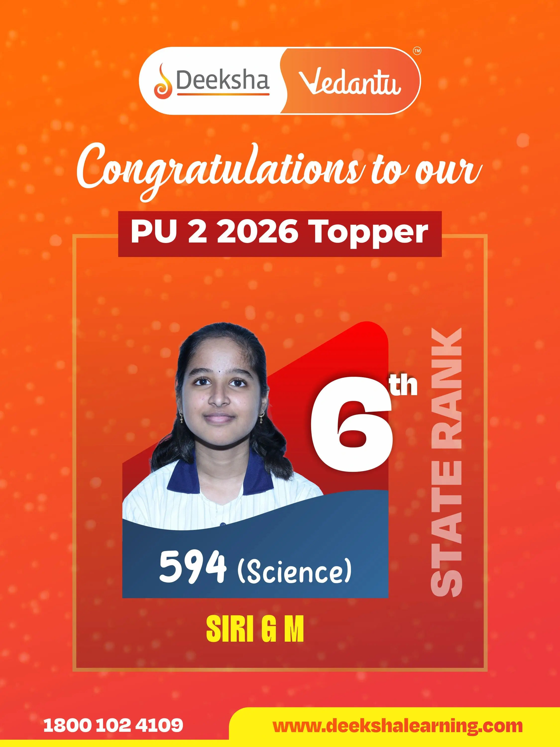 Deeksha Vedantu PU 2 Results - 2026 Science Rank-6 B PRARTHANA BHAT