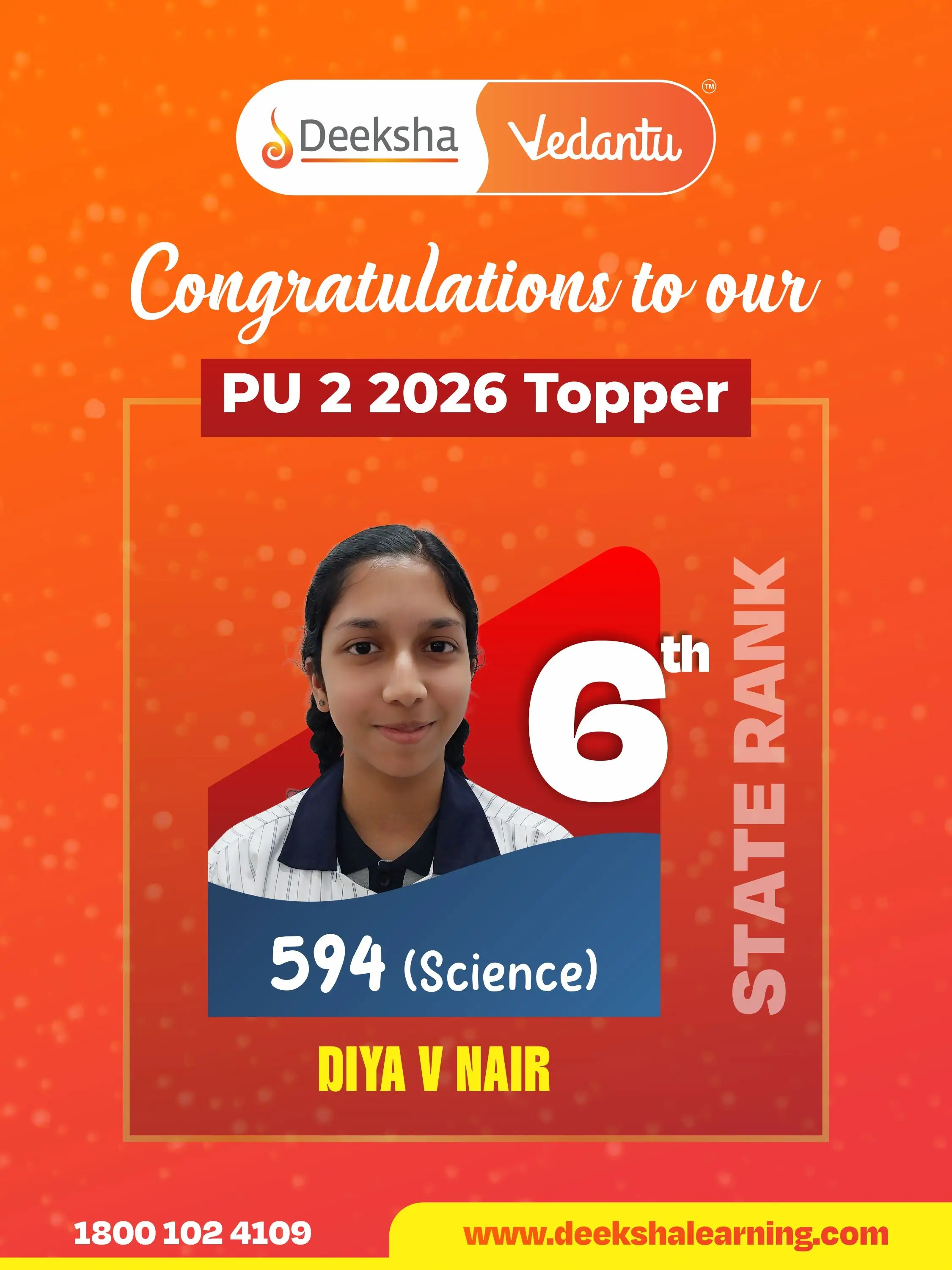 Deeksha Vedantu PU 2 Results - 2026 Science Rank-6 Diya V Nair